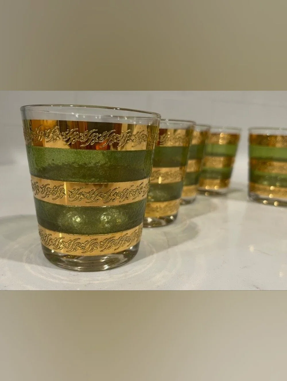 Vintage MCM Culver Starlyte‎ Green & Gold Old Fashioned Glassware - Set of 6 EUC